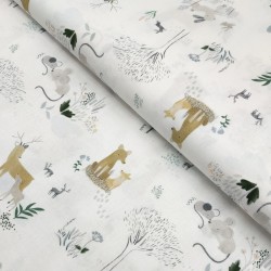 Algodón Popelín Bosque Animado - Tela de algodón con fondo blanco y estampado infantil.