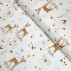 Algodón Popelín Bambi - Tela blanca con estampado de ciervos.