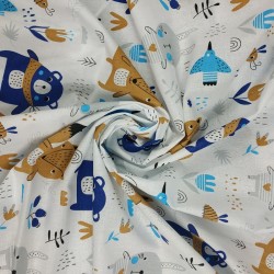 Algodón Popelín Oso Azul - Tela algodón con estampado infantil